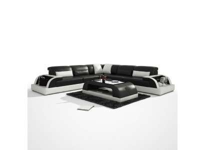 Ecksofa L-Form + Couchtisch Sofa Couch Design Grau Polster Leder
