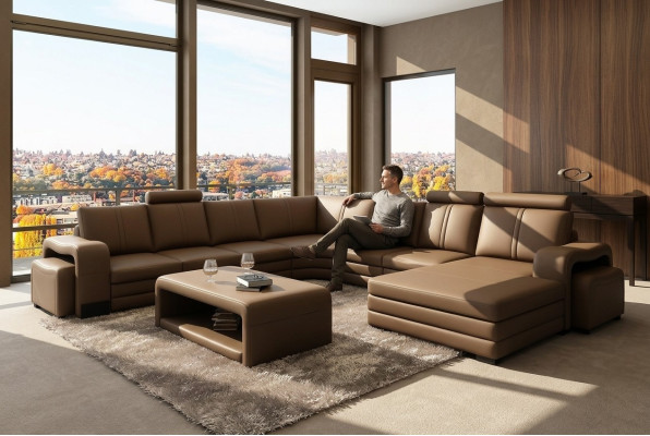 Designer Wohnlandschaft U-Form Hocker Couchtisch Couch Ecksofa Polster