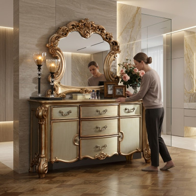 Buffet Anrichte Kommode Spiegel Echte Handarbeit Holz Klassisch Barock Rokoko