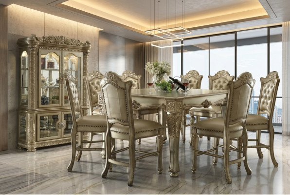Klassisches Goldenes Esszimmer Set Rechteckiger Esstisch 8x Chesterfield Stühle Vitrine 10tlg
