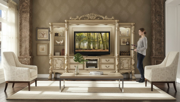 TV Wand Holz Stil Barock Regal Wohnzimmer Möbel Schrank neu Klassische
