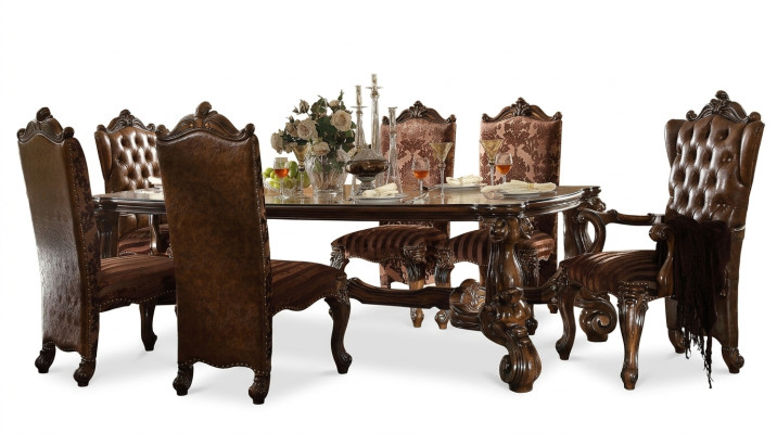 Brauner Klassischer Holz Esstisch + Chesterfield x6 Stühle Essgruppe 7tlg. Set