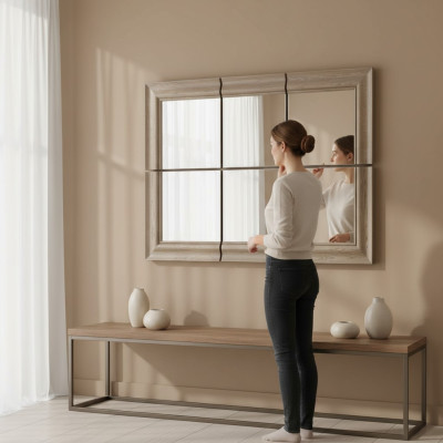 Moderner Großer Spiegel Wandspiegel Echt Holz Rahmen Hängespiegel Neu 146x105cm