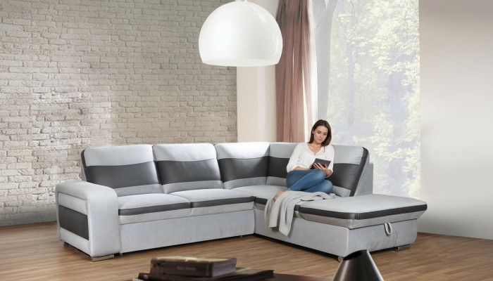 Ecksofa Eck Wahl Leder Stoff Polster Textil Bett Kasten Couch Sofa Ecke