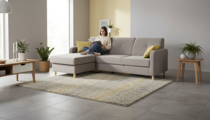 Ecksofa L-Form Sofa Couch Design Polster Modern Textil Bettfunktion Grau Stoff