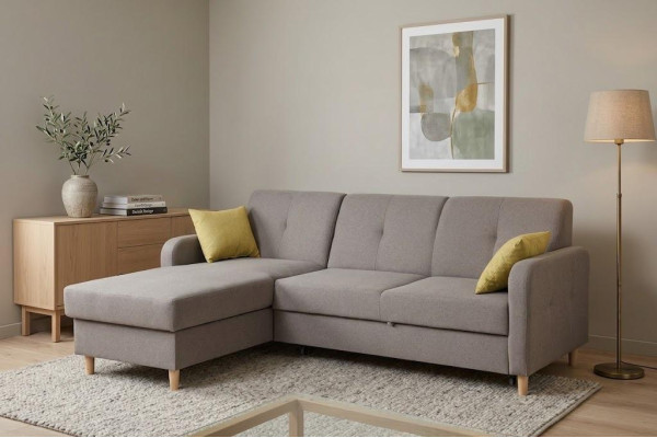 Ecksofa L-Form Sofa Couch Design Polster Modern Textil Bettfunktion Grau Stoff