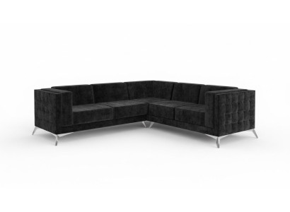 Schwarze Samt Design Ecksofa Chesterfield Sofa Couch Wohnlandschaft Stoff Sitz