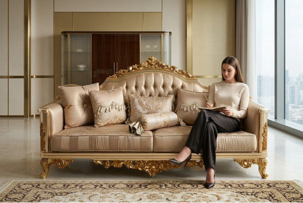 Chesterfield Sofa Set 3+1+1 Gruppe Komplett Set Sessel Sofa Gold Textil Garnitur