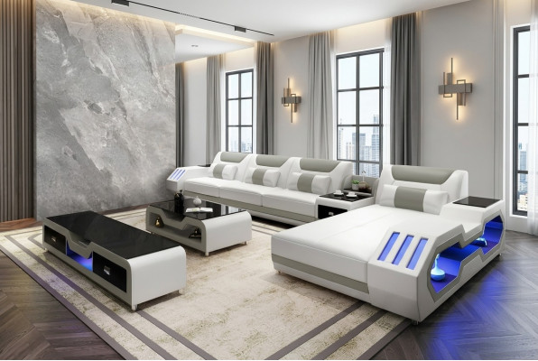 Ledersofa Led Beleuchtete Designer Eckcouch Polster Eckgarnitur Sofa 2tlg