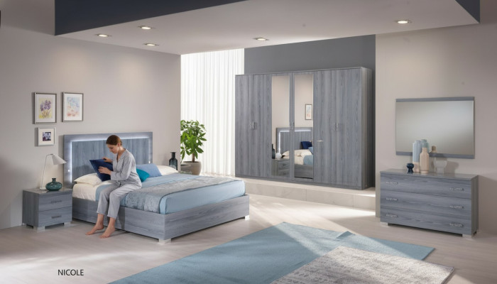 Möbel Schlafzimmer Set Bett 2x Nachttisch Kommode Spiegel Kleiderschrank 6tlg.