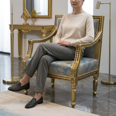 Sessel Polster Stühle Gold Stoff Luxus Design Stuhl Einsitzer Klassisch