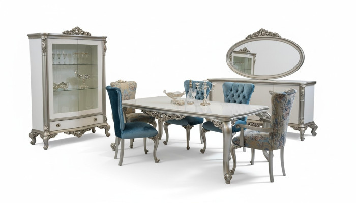 Esszimmer Set Garnitur Vitrine Tisch 6x Stuhl Kommode Spiegel Art déco 10tlg