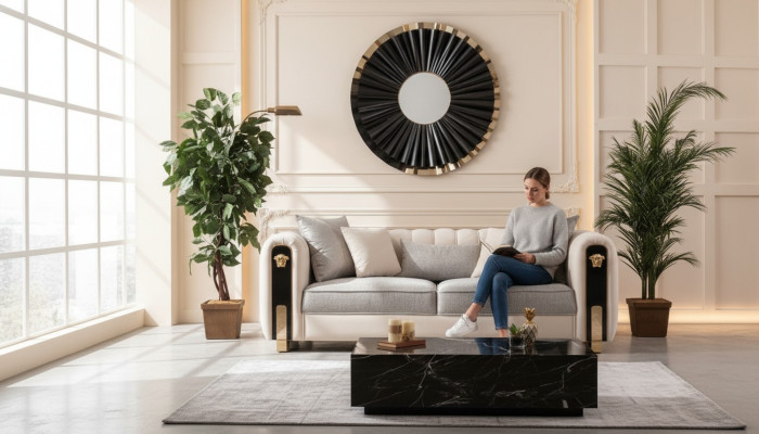 Luxuriöses gepolstertes 3-Sitzer-Sofa in Beige im zeitgenössischen Stil