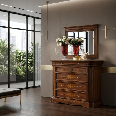Massivholz Kommode mit Spiegel Sideboard Kommoden Set Italienische Möbel 2tlg.