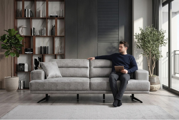 Sofa 3 Sitzer Sofas Leder Dreisitzer Sitz Polster Design Wohnzimmer Modern Grau