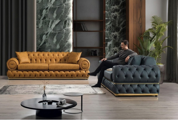 Garnitur Luxus Chesterfield Sofagarnitur 3+3 Sitzer Sofa Sessel Sofas Leder 2tlg