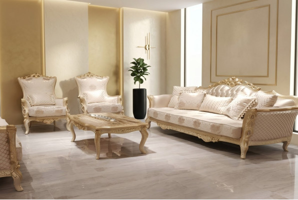 Sofagarnitur 3+1+1 Sitzer Couchtisch Sofa Sessel Sofas Garnitur Set Gold Stil