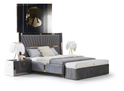 Luxus Bett 180x200cm mit Holz Kopfteil und 2 Nachttischen Italienische Möbel Neu