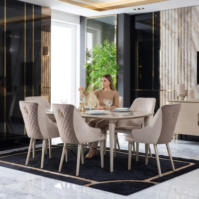 Küche Esszimmer Stühle 6x Stuhl Gruppe Stühle Garnitur Holz Möbel Textil Stoff