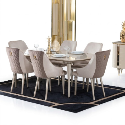 Küche Esszimmer Stühle 6x Stuhl Gruppe Stühle Garnitur Holz Möbel Textil Stoff