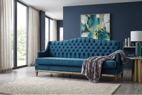 Blauer Chesterfield Dreisitzer Relax Lounge Sofa Wohnzimmer 3-Sitzer