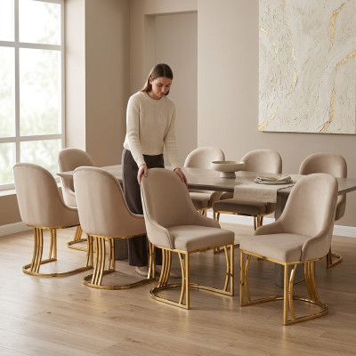 Design Stuhl Set 8x Sessel Edelstahl Textil Polster Stühle Esszimmer