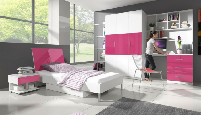 Bett + Nachttisch Kinderzimmer Schlafzimmer Möbel Betten 2tlg Set Rosa