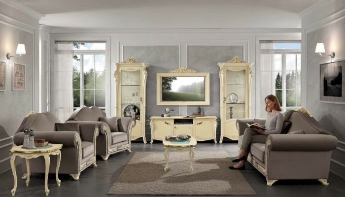 tv Schrank Holz rtv wohnwand Wohnzimmer Klassische Design Set 2tlg. Beige Neu