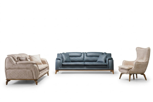 Sofagarnitur 3+3+1 Sitzer Blau Sessel Luxus Leder Sofa Couch Möbel Western Stil