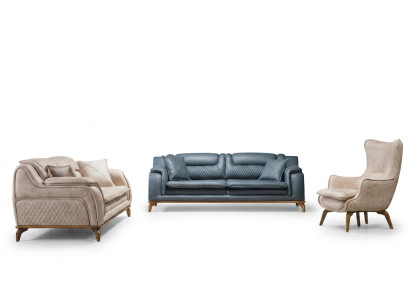 Sofagarnitur 3+3+1 Sitzer Blau Sessel Luxus Leder Sofa Couch Möbel Western Stil