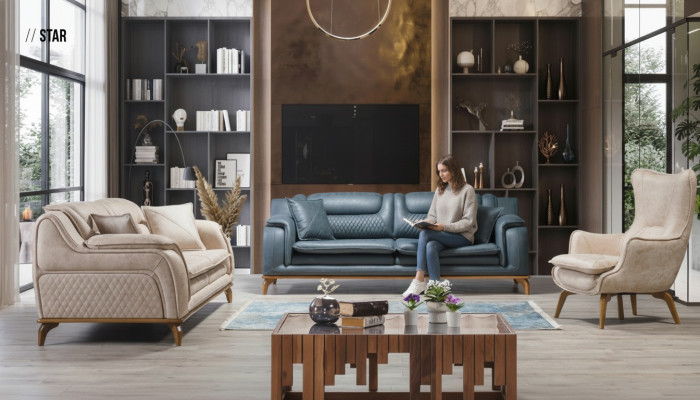 Sofa Blau 3 Sitzer Wohnzimmer Couch Design Chesterfield Italienischer Stil Möbel