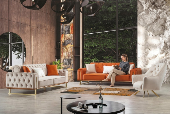 Sofa Orange 3 Sitzer Wohnzimmer Luxus Chesterfield Italienischer