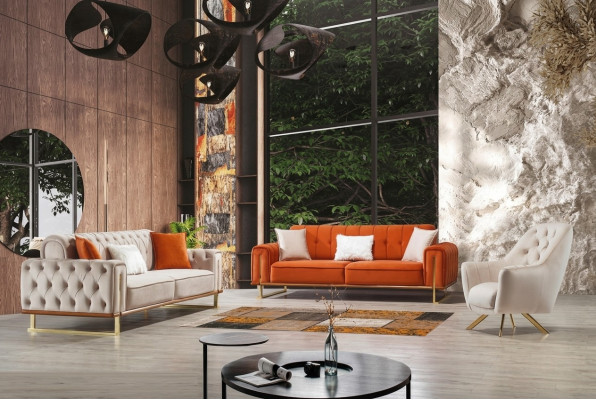 Sofa Orange 3 Sitzer Wohnzimmer Luxus Chesterfield Italienischer