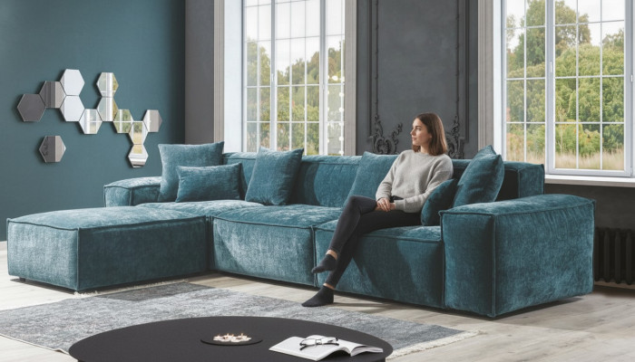 Ecksofa Blau Wohnzimmer Elegante Wohnecke Design Möbel Eckgarnitur