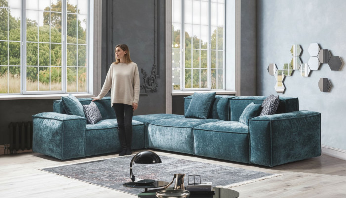 Ecksofa L - Form Blaue Wohnlandschaft Design Couchen Möbel Sofa Couch