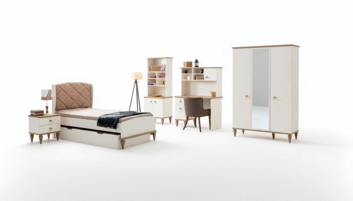 Unisex Schlafzimmer Jugendzimmer Set Bett Nachttisch Bücherregal Tisch 5tlg. Neu