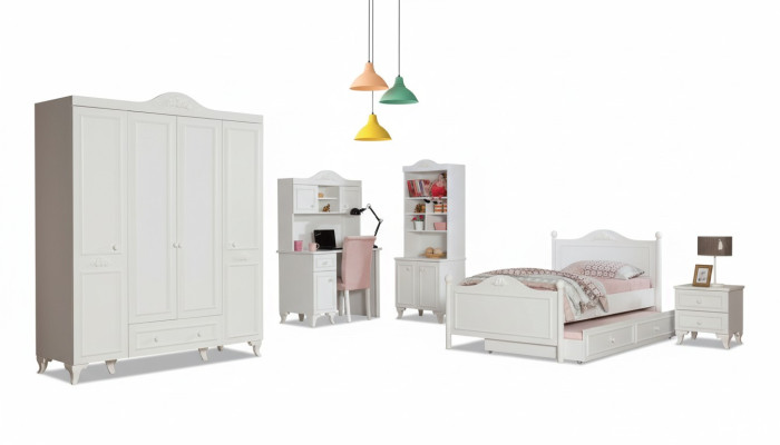 Landhaus Kinderzimmer Set Weiß Bett Nachttisch Schreibtisch Regal Schrank 5tlg.