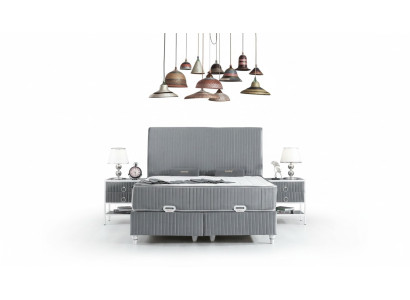Schlafzimmer Set Grau Metall Bett Boxspring Design 2x Nachttische Neu 3tlg.