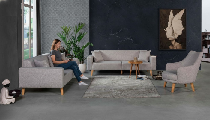 Sofa Couch Polster Sitz 3+3+1 Sitz Garnitur Design Holz Sofas Beige Sitzpolster