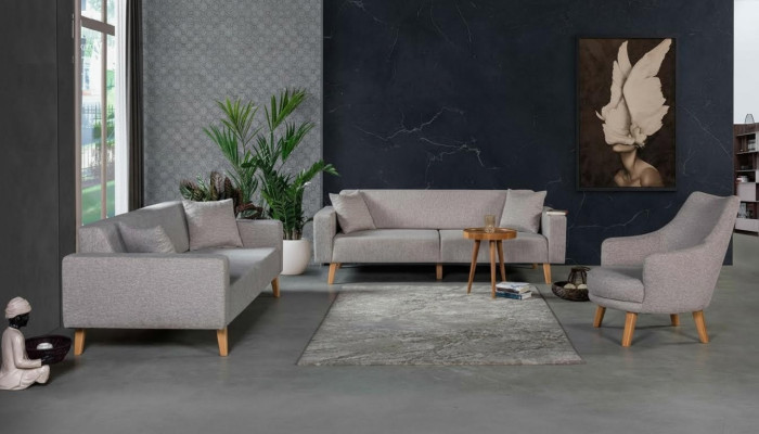 Sofa Couch Polster Sitz 3+3+1 Sitz Garnitur Design Holz Sofas Beige Sitzpolster