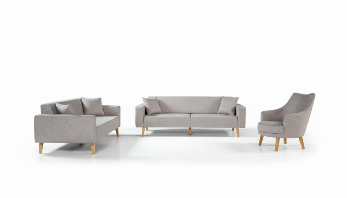 Sofa Couch Polster Sitz 3+3+1 Sitz Garnitur Design Holz Sofas Beige Sitzpolster