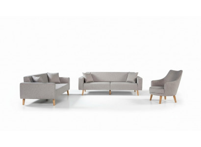 Sofa Couch Polster Sitz 3+3+1 Sitz Garnitur Design Holz Sofas Beige Sitzpolster