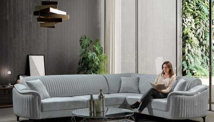 Stoff Ecksofa L-Form Sofa Polster Textil Eckgarnitur Samt Grau 310x240