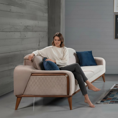 Beige Couch Wohnzimmer Dreisitzer Sitzpolster Sofa Möbel Samt Holz