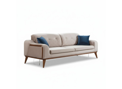 Beige Couch Wohnzimmer Dreisitzer Sitzpolster Sofa Möbel Samt Holz
