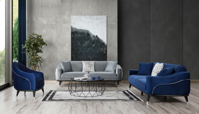 Sofagarnitur 3+3+1 Sitz Sofas Polster Couchen Holz grau blau Samt