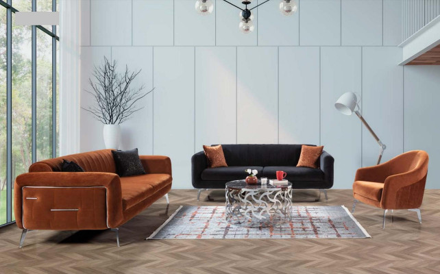 Orange Design Couch Sofa Samt Dreisitzer Luxus Möble Stoff Textil