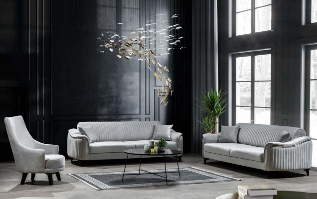 Moderne Wohnzimmer Sessel Einsitzer Design Holz Farbe grau Textil