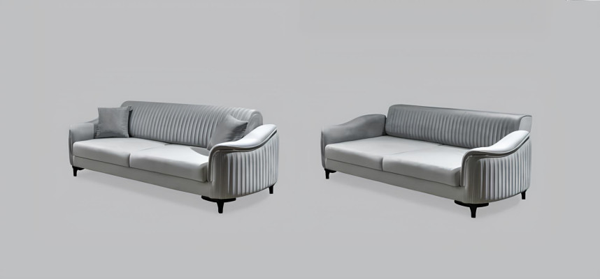 Graue Couch Wohnzimmer Dreisitzer Sitzpolster Sofa Möbel Samt Holz