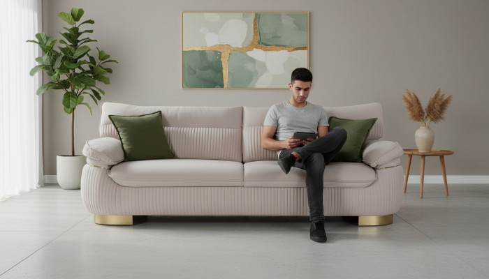 Dreisitzer Sofa 3 Sitz Sofa Couchen Stoff Couch Möbel Modern Samt Weich Beige